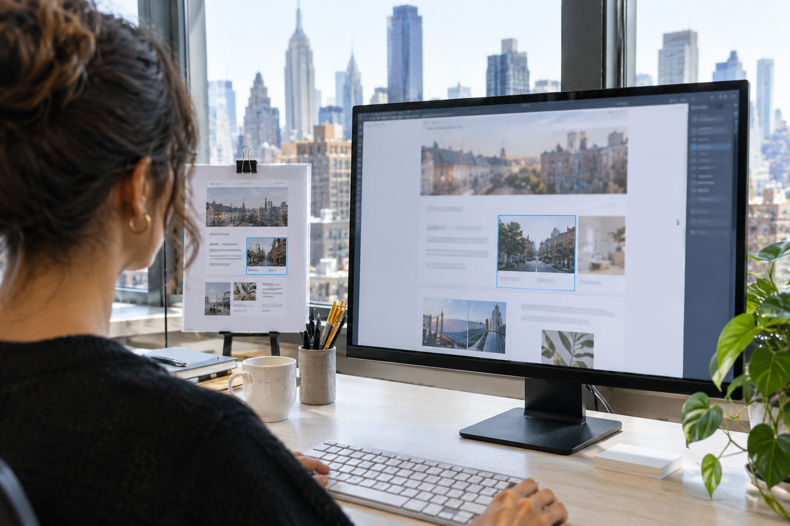 Web designer replacing an image on a website layout on a large monitor