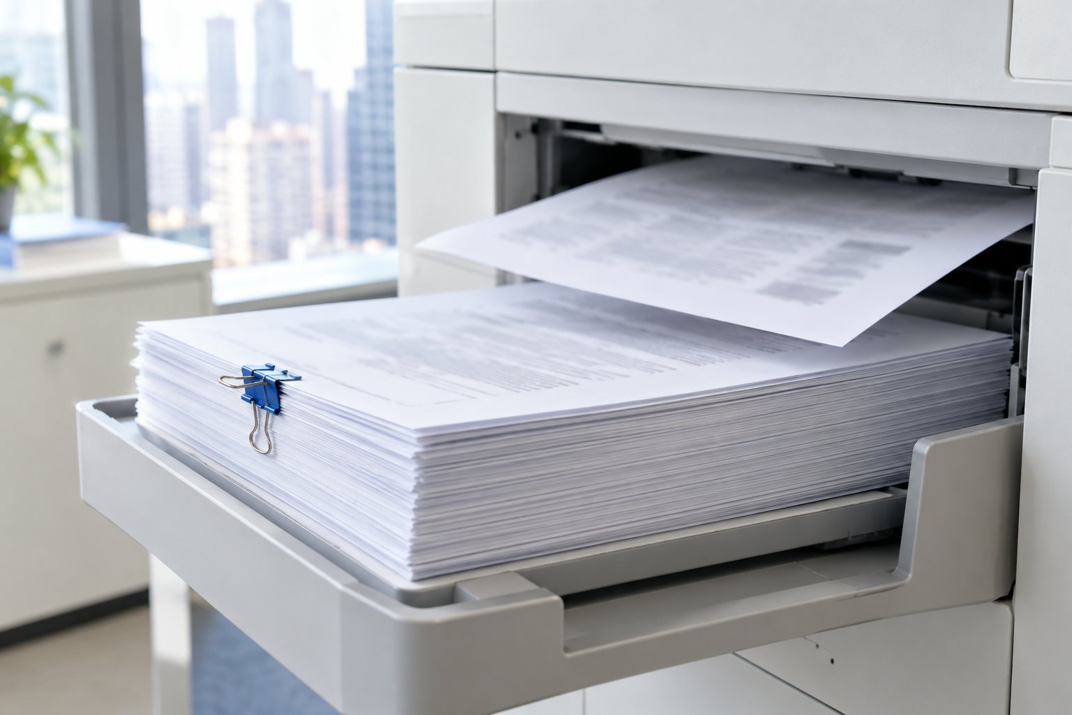 Stack of identical printed pages in a copier's output tray