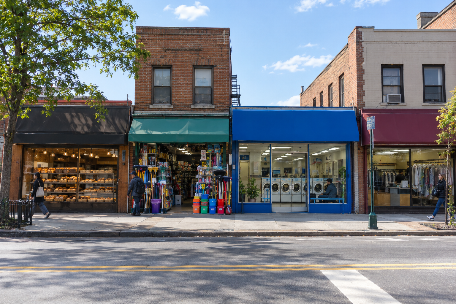 A Queens block of small shops: bakery, hardware store, laundromat