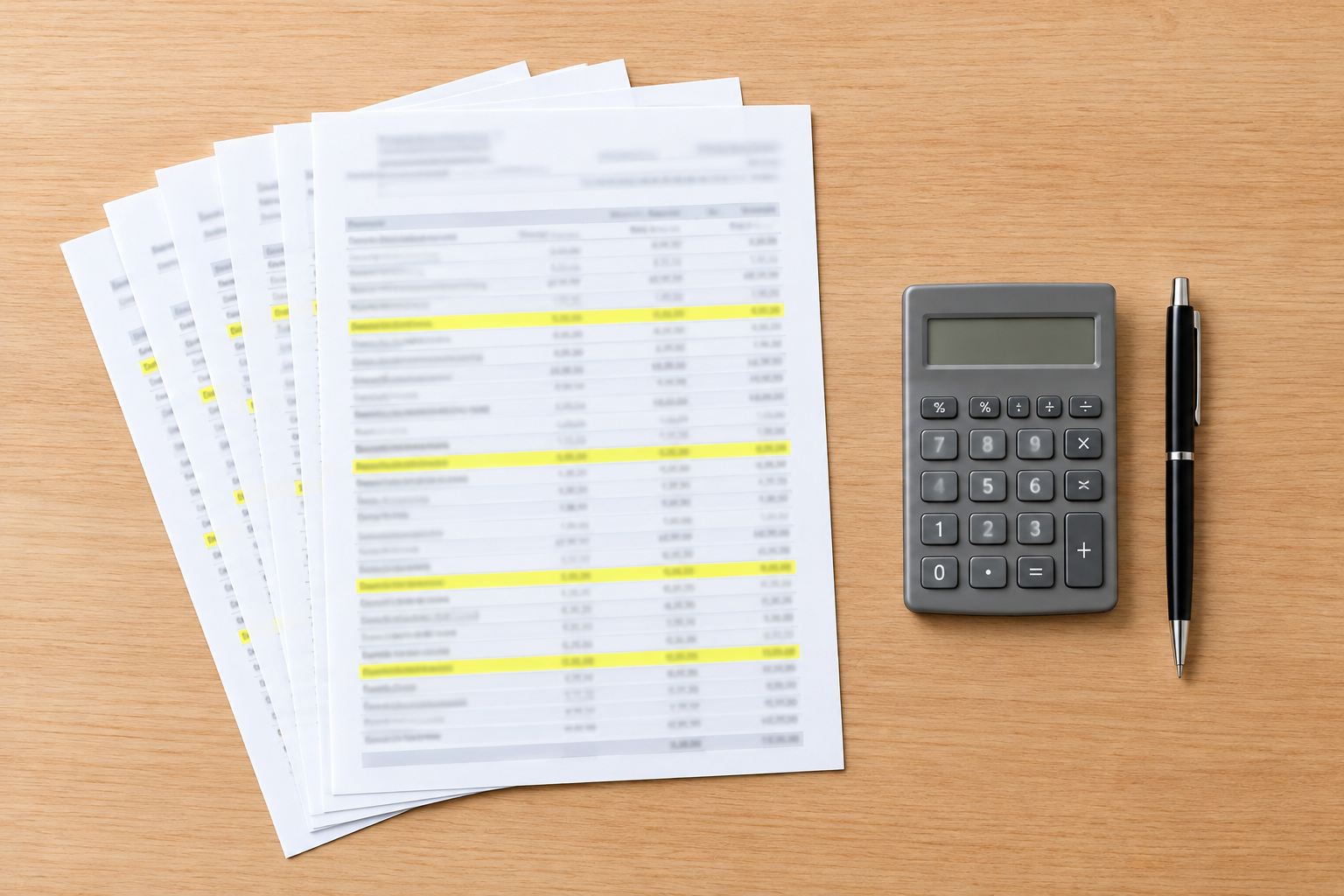 Bank statements with highlighted lines, a calculator and a pen on a desk