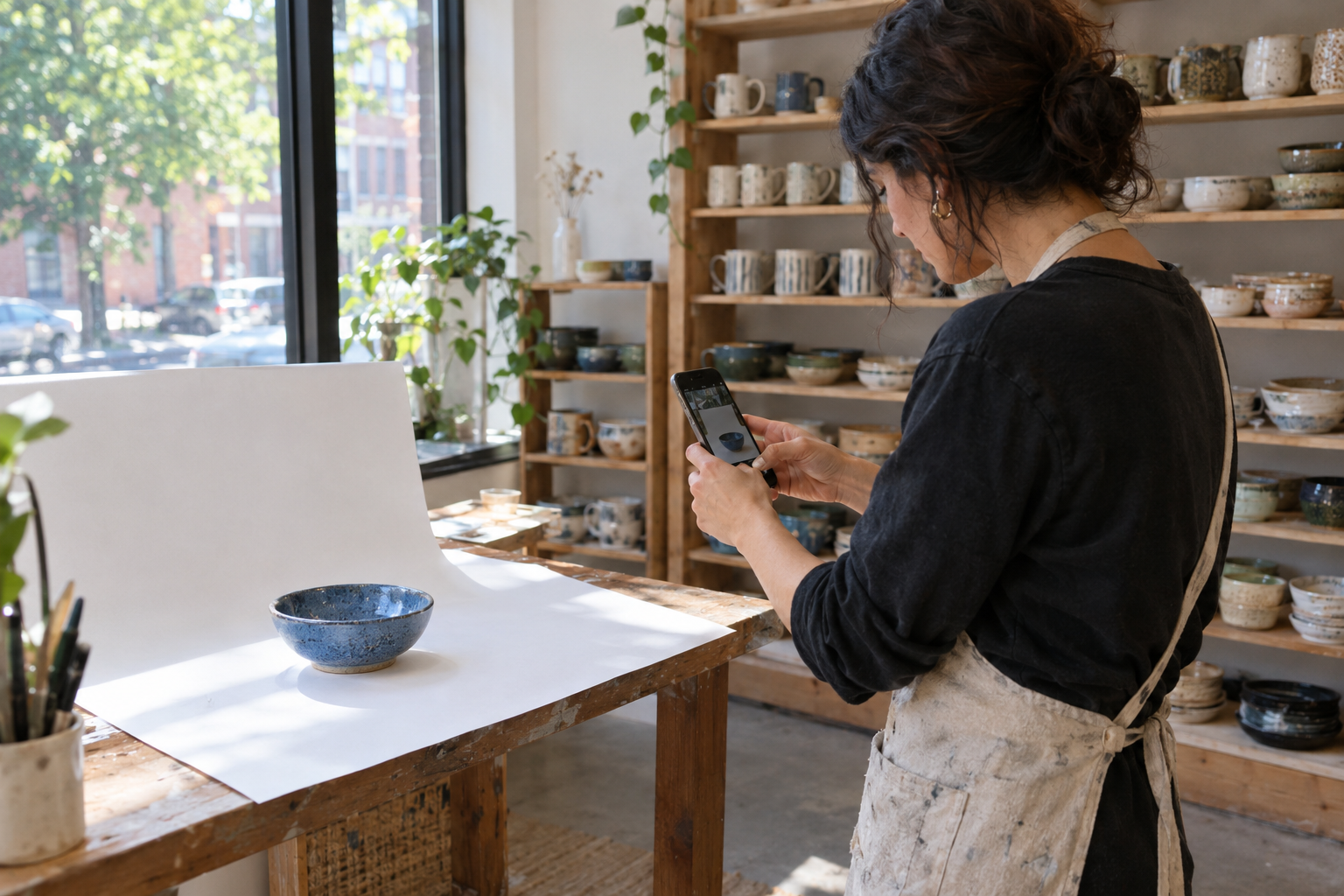 Ceramics studio owner photographing a bowl for her online shop