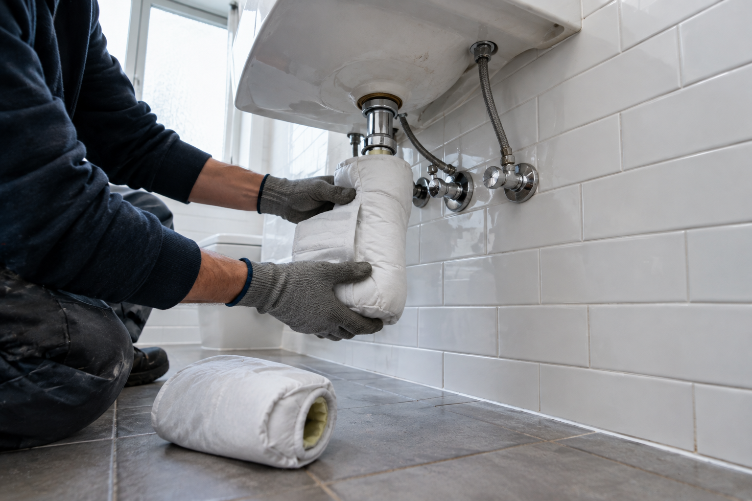 Hands fitting insulation covers on pipes under a restroom sink
