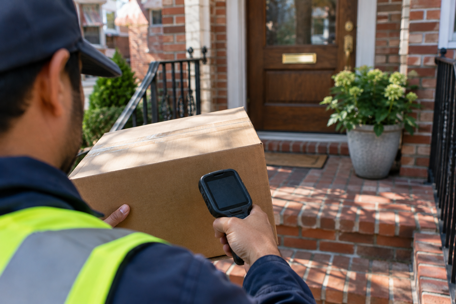 Repartidor escanea un paquete en la puerta de una casa en Queens