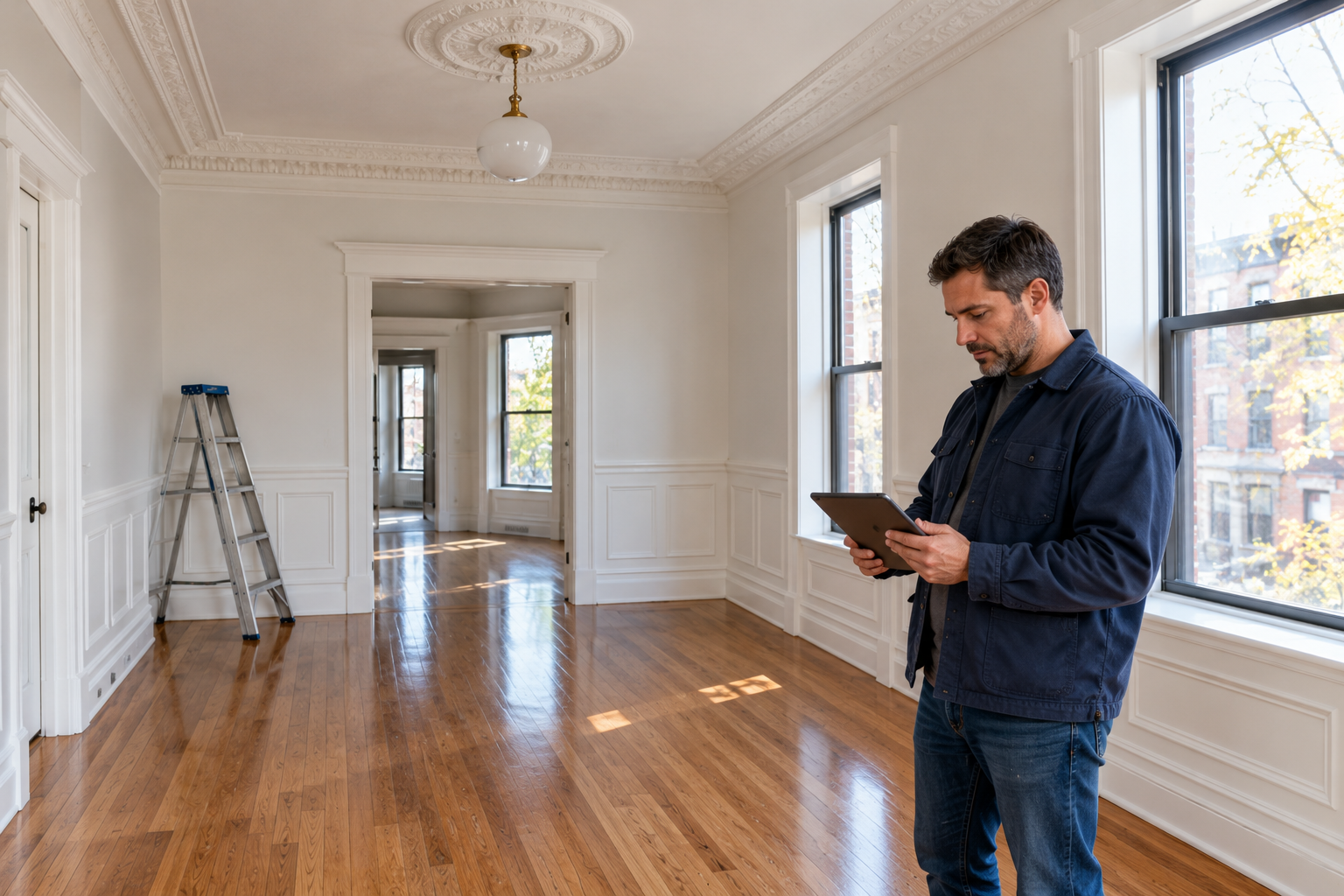 Renovation contractor reviewing project photos in a restored Astoria home