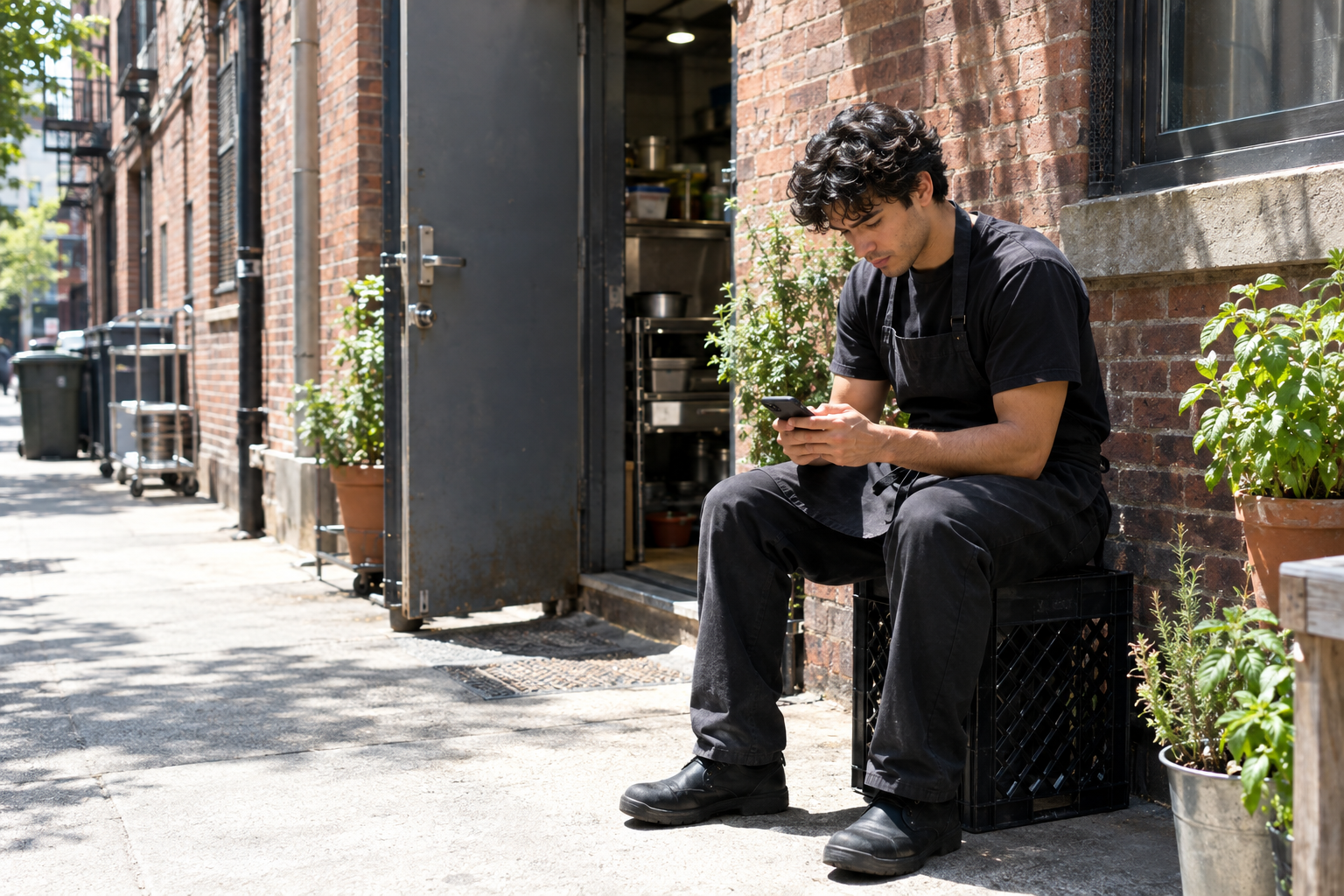 Restaurant worker on a break writing notes on a phone in a sunny alley