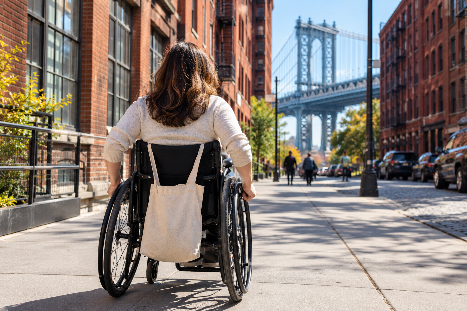 Wheelchair user rolling along a sunny Brooklyn sidewalk