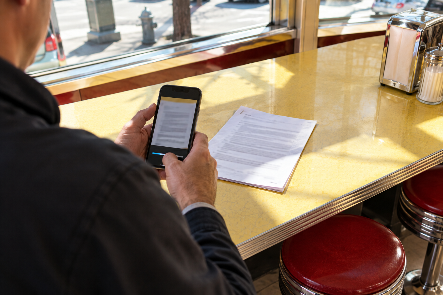 Diner owner photographing court papers with his phone at the counter