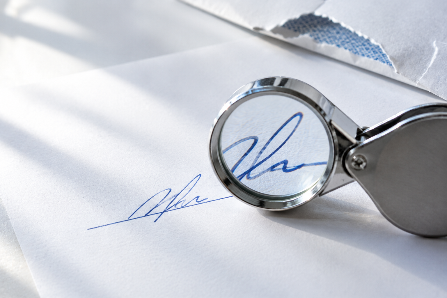 Jeweler's loupe magnifying the signature on a letter
