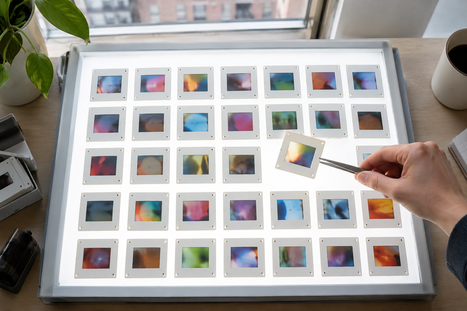 Hand lifting one photo slide off a glowing lightbox with tweezers