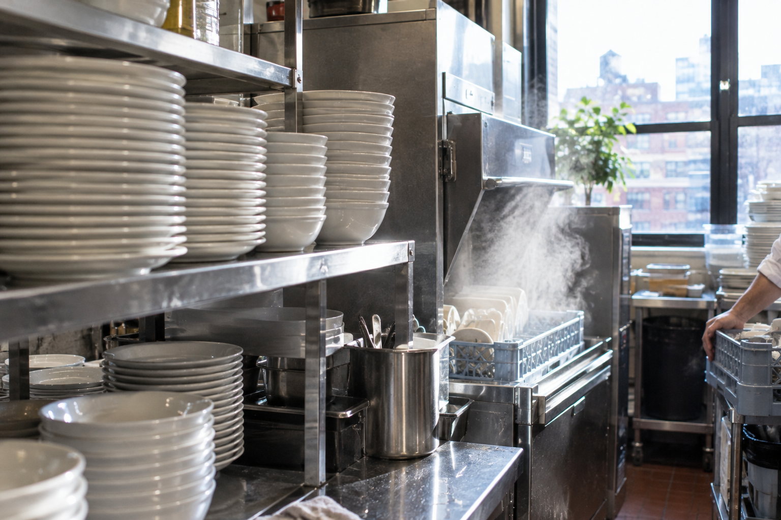 Stacks of clean plates beside a commercial dishwasher in a restaurant kitchen