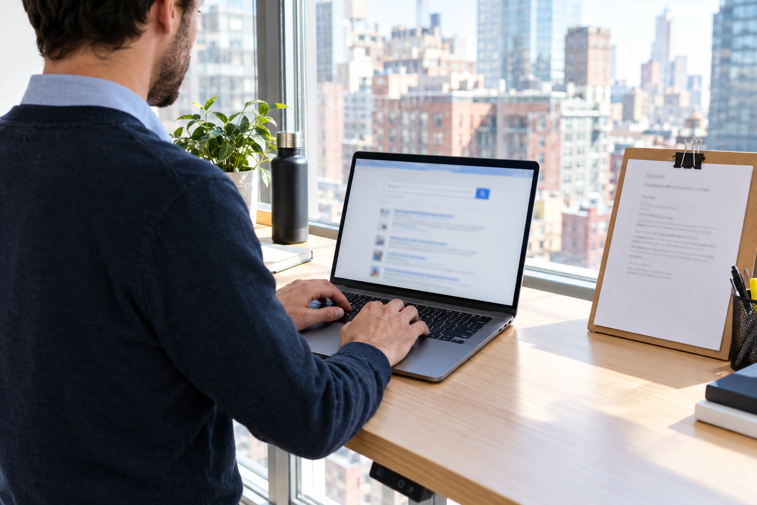 Business owner looking up a lawyer's name on a laptop in a bright office