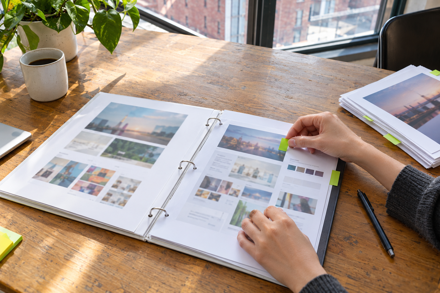 Hands adding a colored tab to a binder of printed screenshots