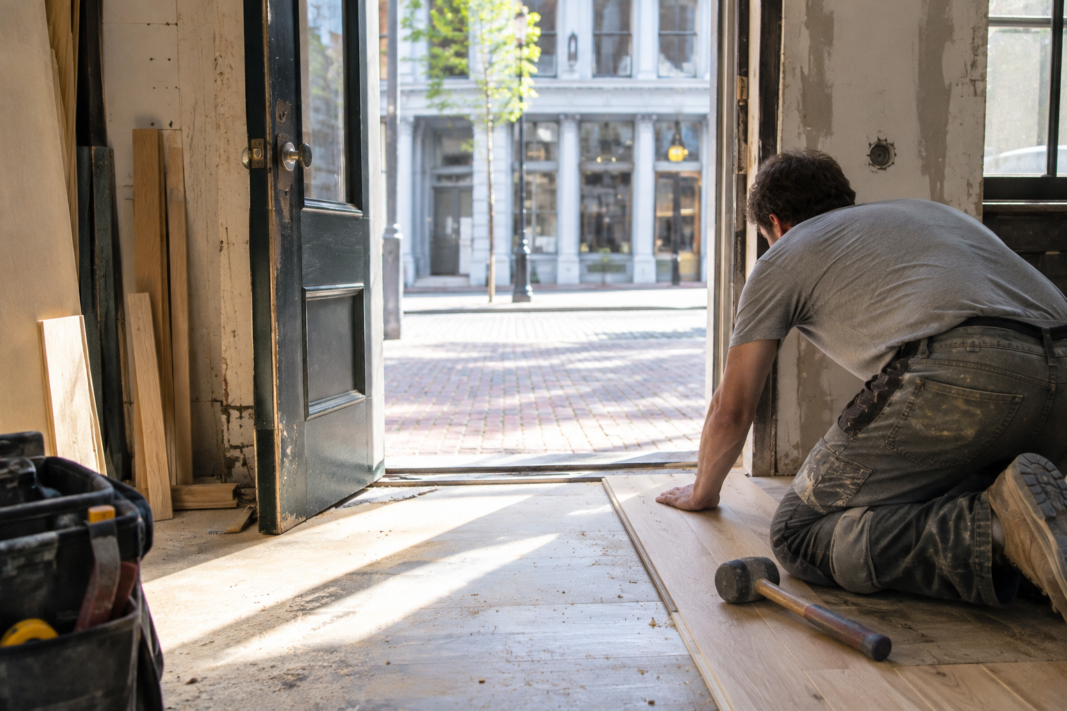 Contractor fitting new flooring at a restaurant doorway in Tribeca
