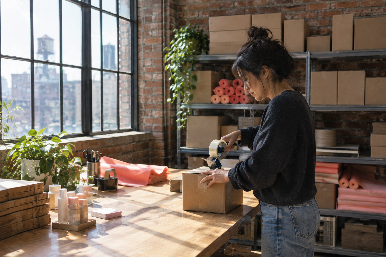 Founder packing orders in a Bushwick studio with no storefront