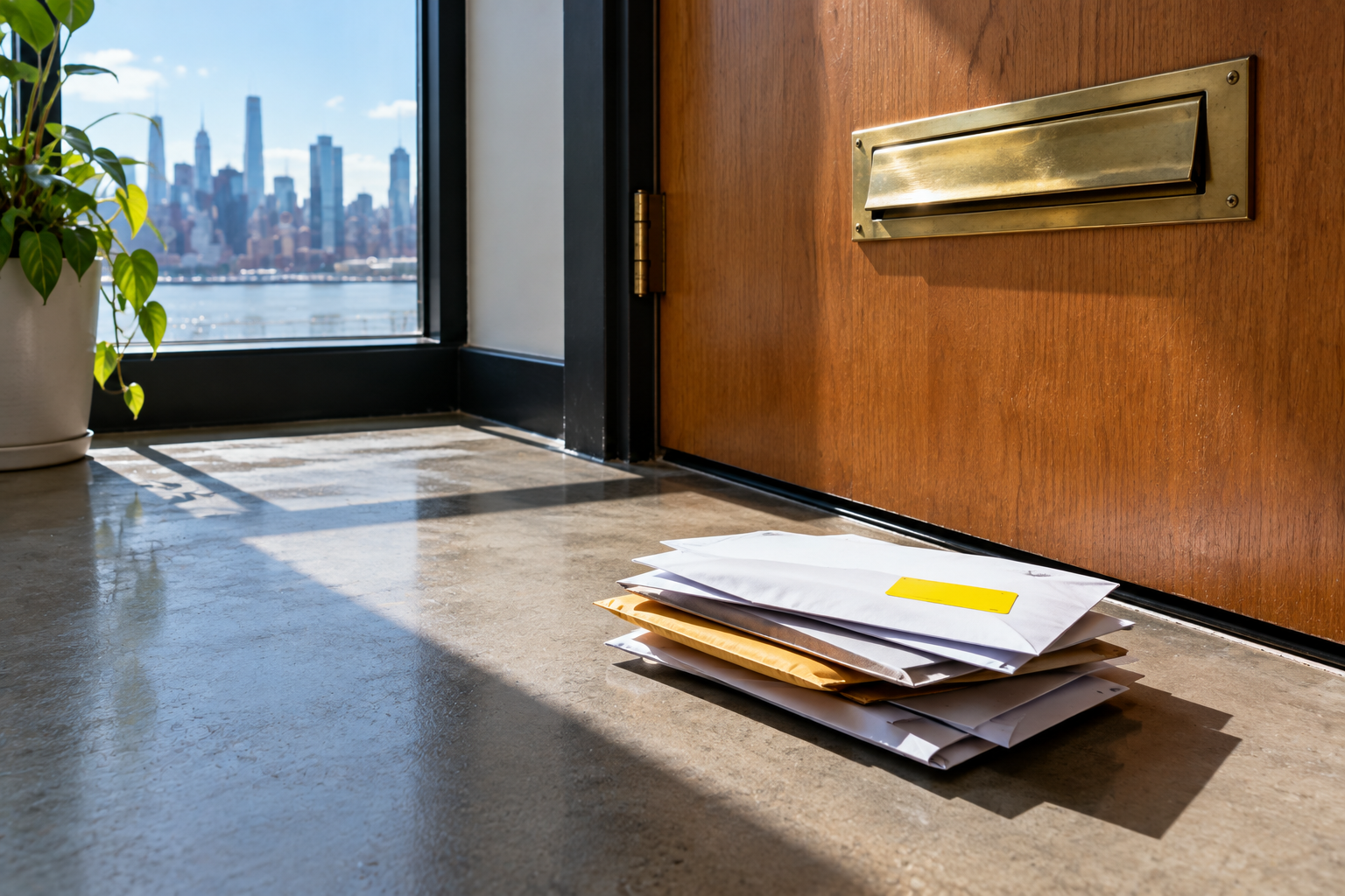 Unopened mail on the floor below an office door's mail slot