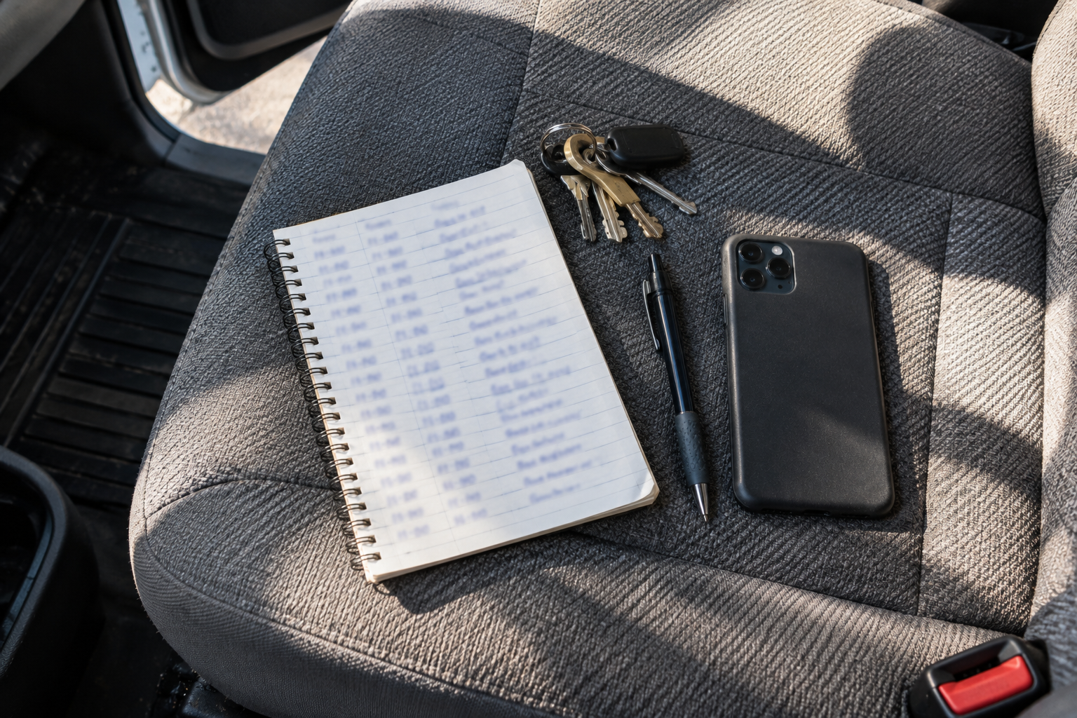 Cuaderno de horas, llaves y teléfono en el asiento de una camioneta