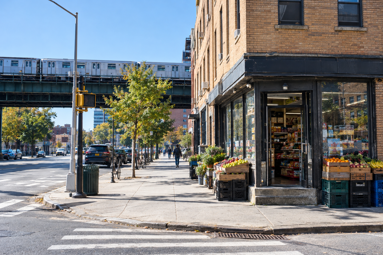 Corner deli with a raised front step in Long Island City, Queens