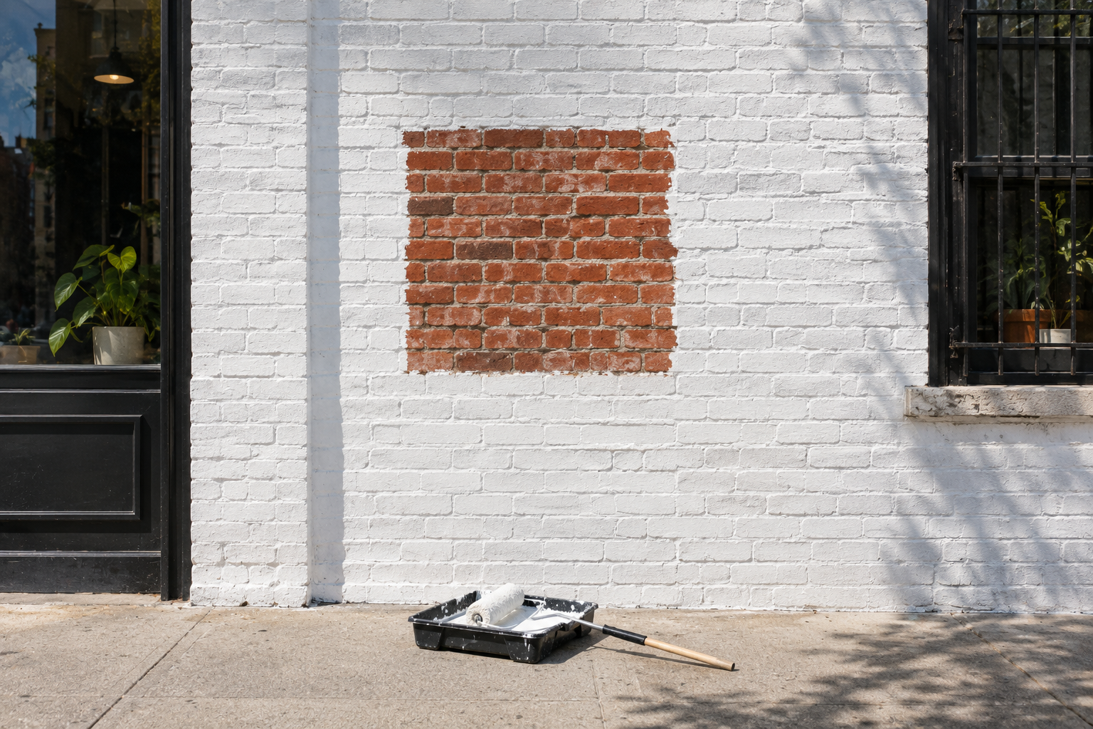 Freshly painted brick wall with one patch left unpainted