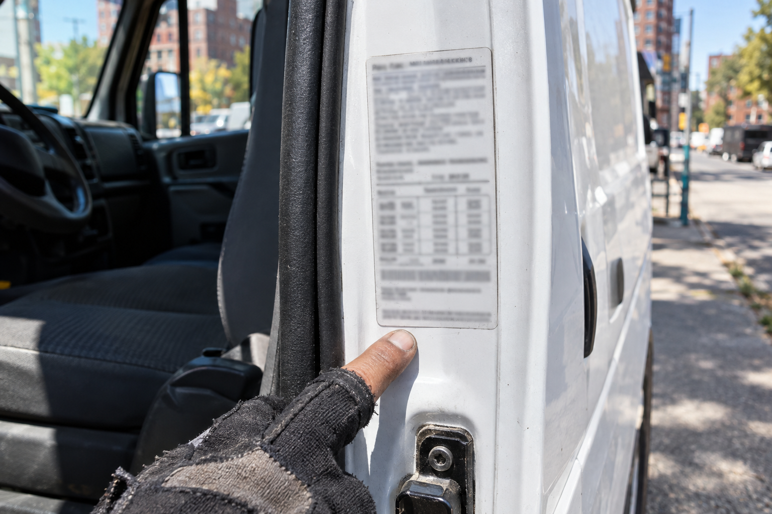 Etiqueta de peso en el marco de la puerta de una camioneta