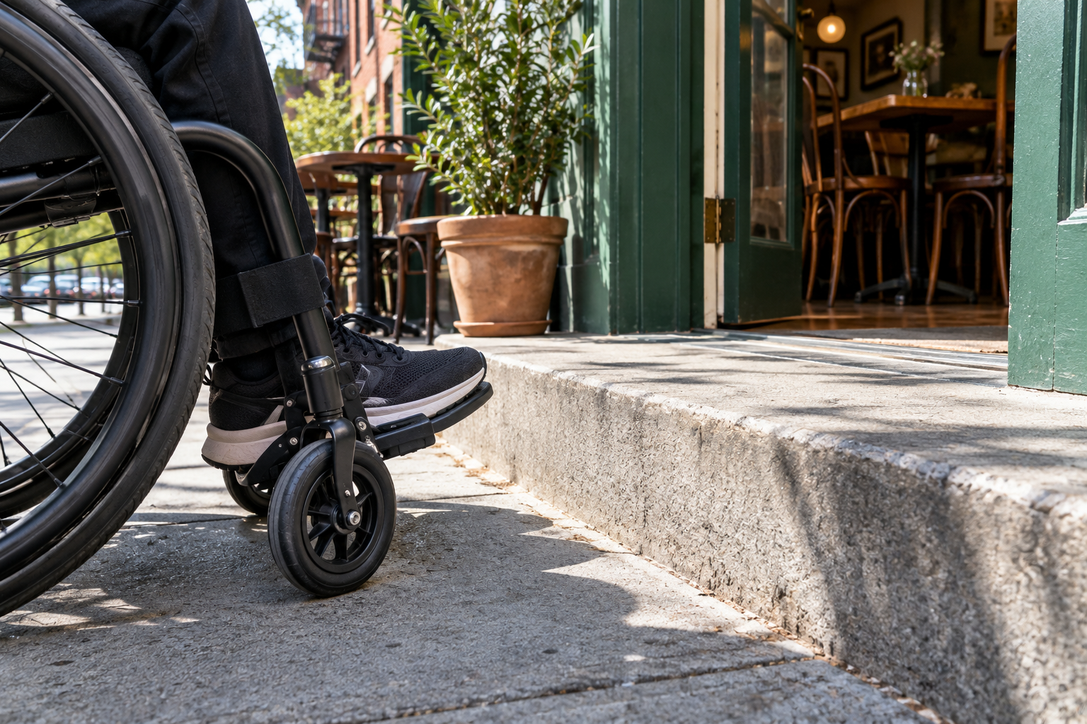Wheelchair stopped at a single stone step into a restaurant
