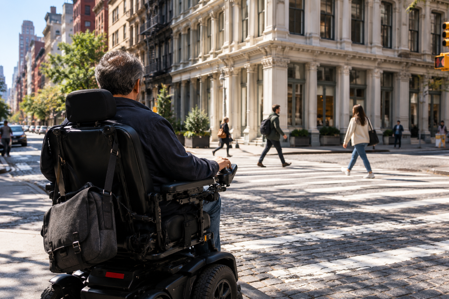 Man in a power wheelchair waiting at a SoHo crosswalk