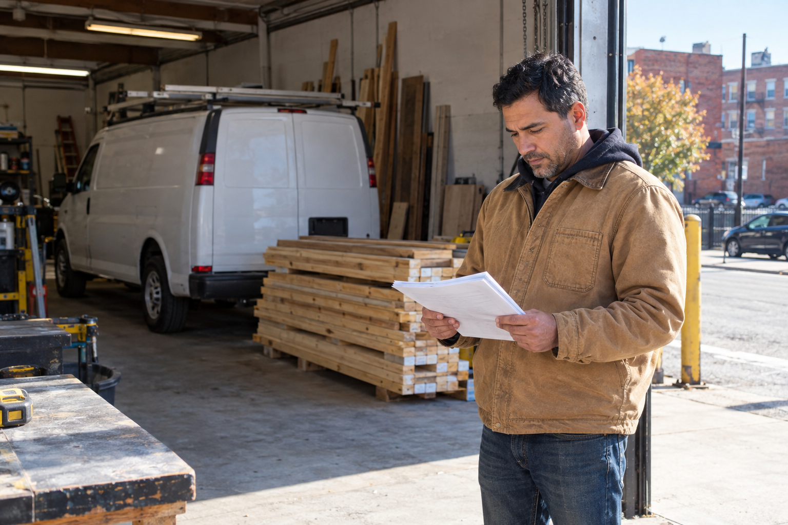 Construction company owner reading papers in his Brooklyn garage bay